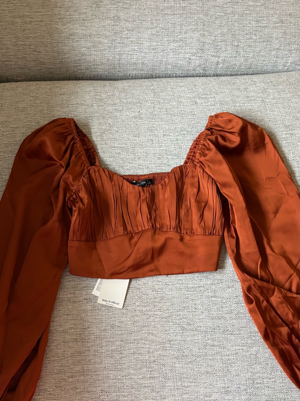 A&F Rust Puff-Sleeve Cropped Satin Top